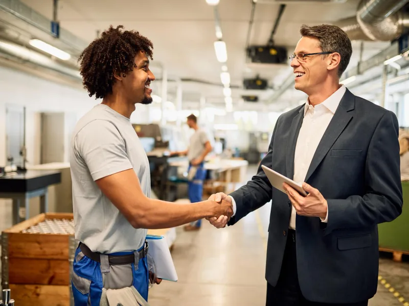 Representante de una empresa de servicios estrecha la mano de un técnico en un entorno de trabajo.