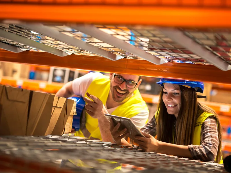 Equipo de un negocio con productos revisa inventario en un almacén con una tableta.
