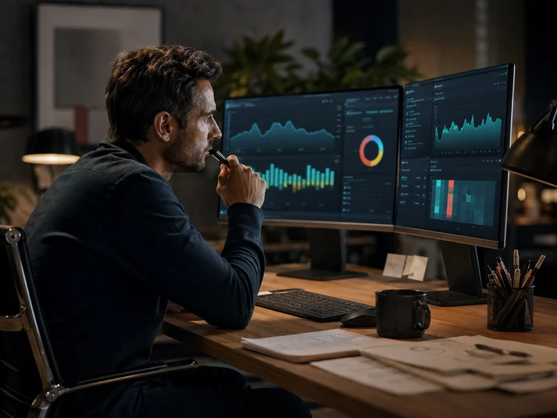 Especialista en Google Ads revisando métricas de rendimiento de una campaña en varios monitores.