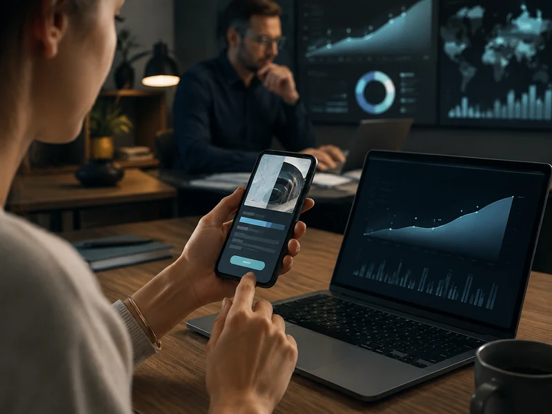 Persona interactuando con un teléfono móvil mientras analiza datos de comportamiento y avance digital en una laptop.