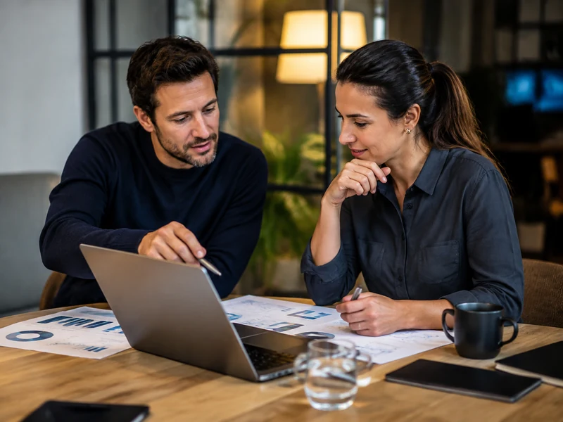 Dos profesionales revisando información de campañas y resultados comerciales en una reunión de trabajo.