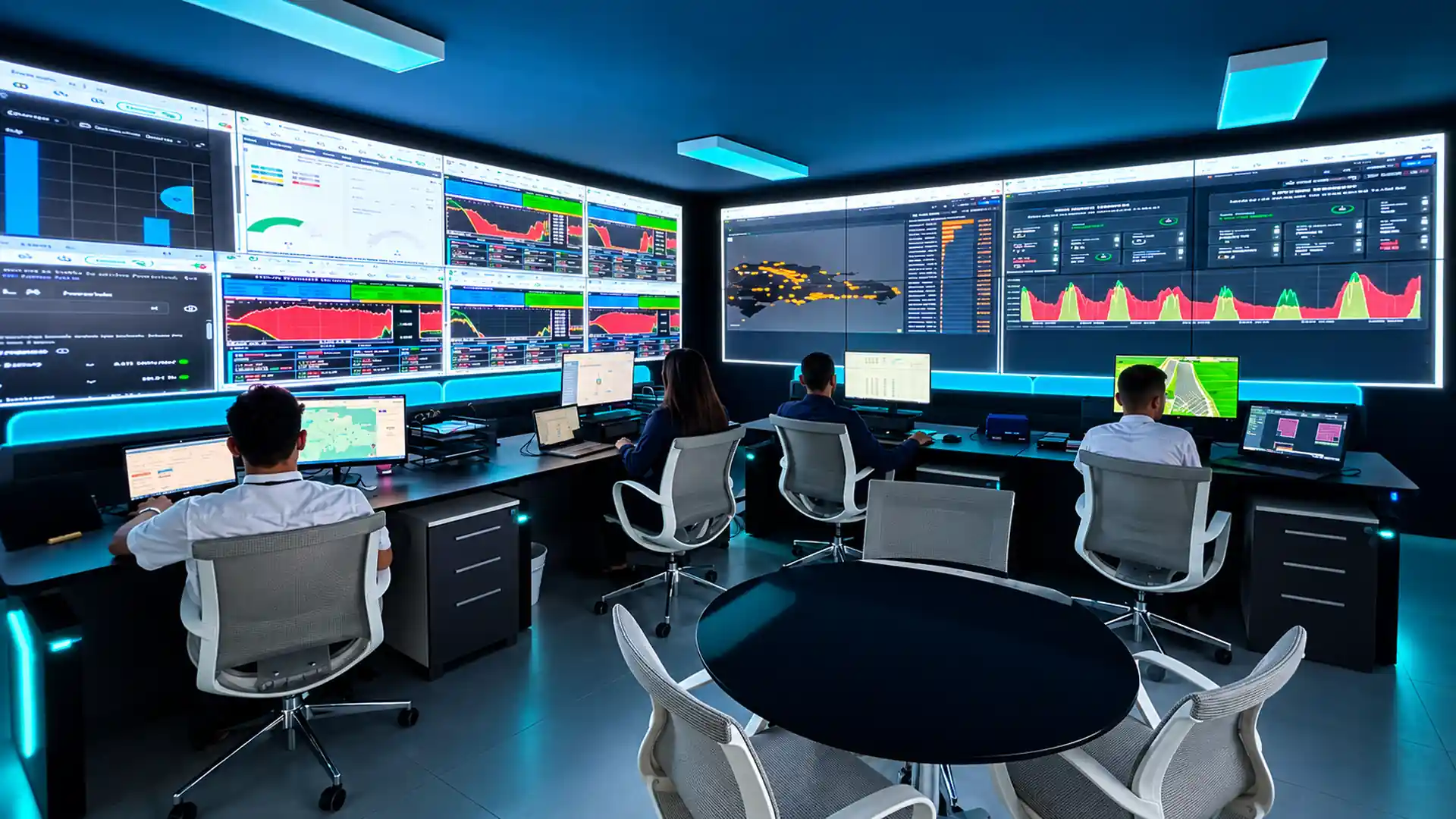 Sala de control y monitoreo de RAAS Solar con operadores supervisando en tiempo real paneles de rendimiento, mapas y gráficas de sistemas solares.